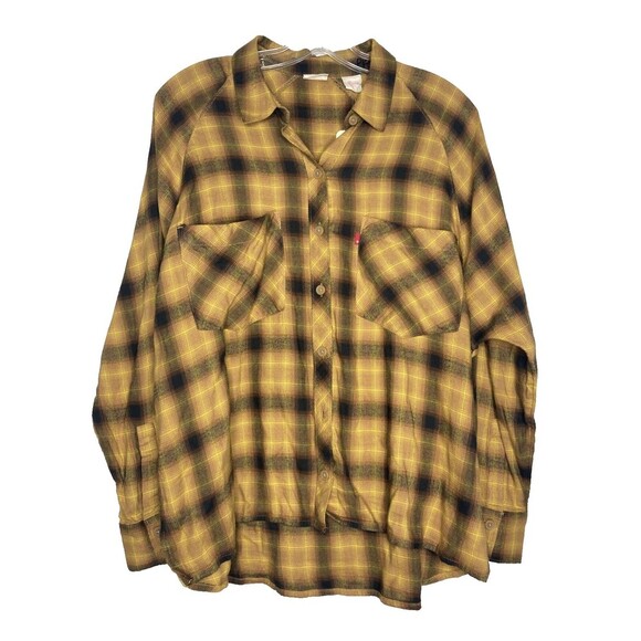 LEVI'S Top Women Small Button Front The EX Boyfriend Shirt Relaxed Yellow Plaid - Picture 1 of 5